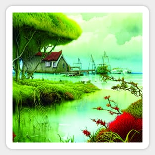 Beautiful Cottage in The port with boats, Vacation Beach Sticker